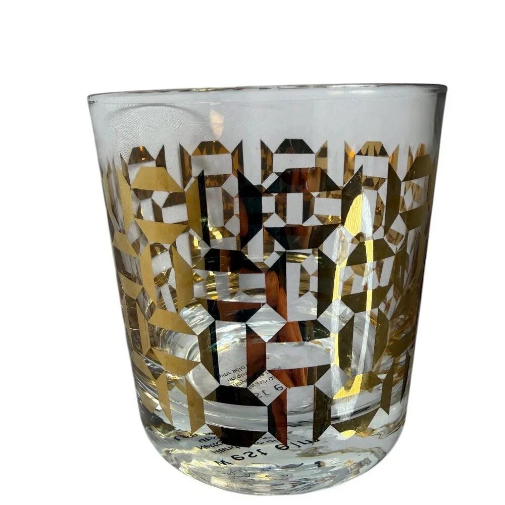 WEST ELM Whiskey Glass Rocks Gold Geometric Pattern. Retro 1960s